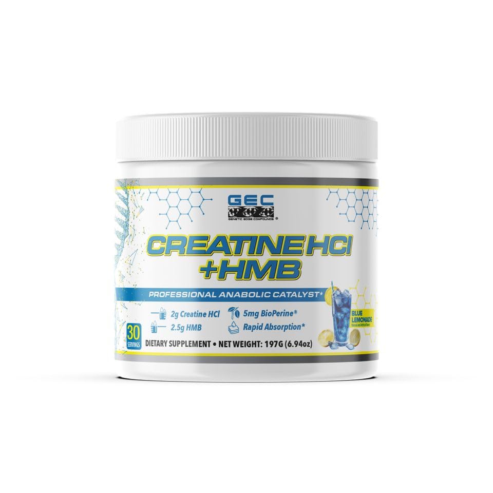 Genetic Edge Creatine HCl + HMB tub front showing clean formula for performance.