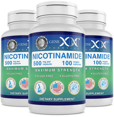 Genex Formulas Nicotinamide 500mg bottle front highlights compact daily skin support.