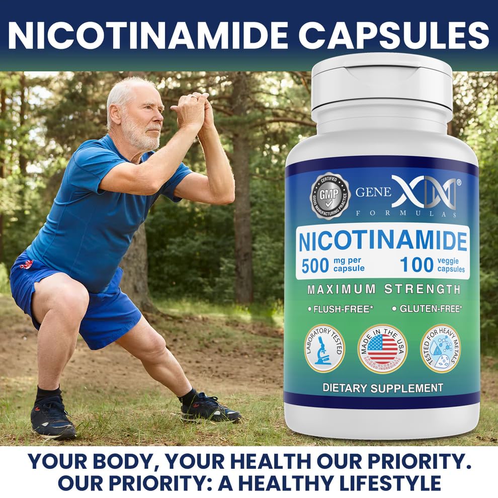 Genex Formulas Nicotinamide 500mg NSF-certified facility branding on the jar.