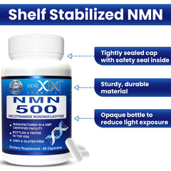 Genex Formulas NMN 500mg facility badge signals GMP and NSF certification.