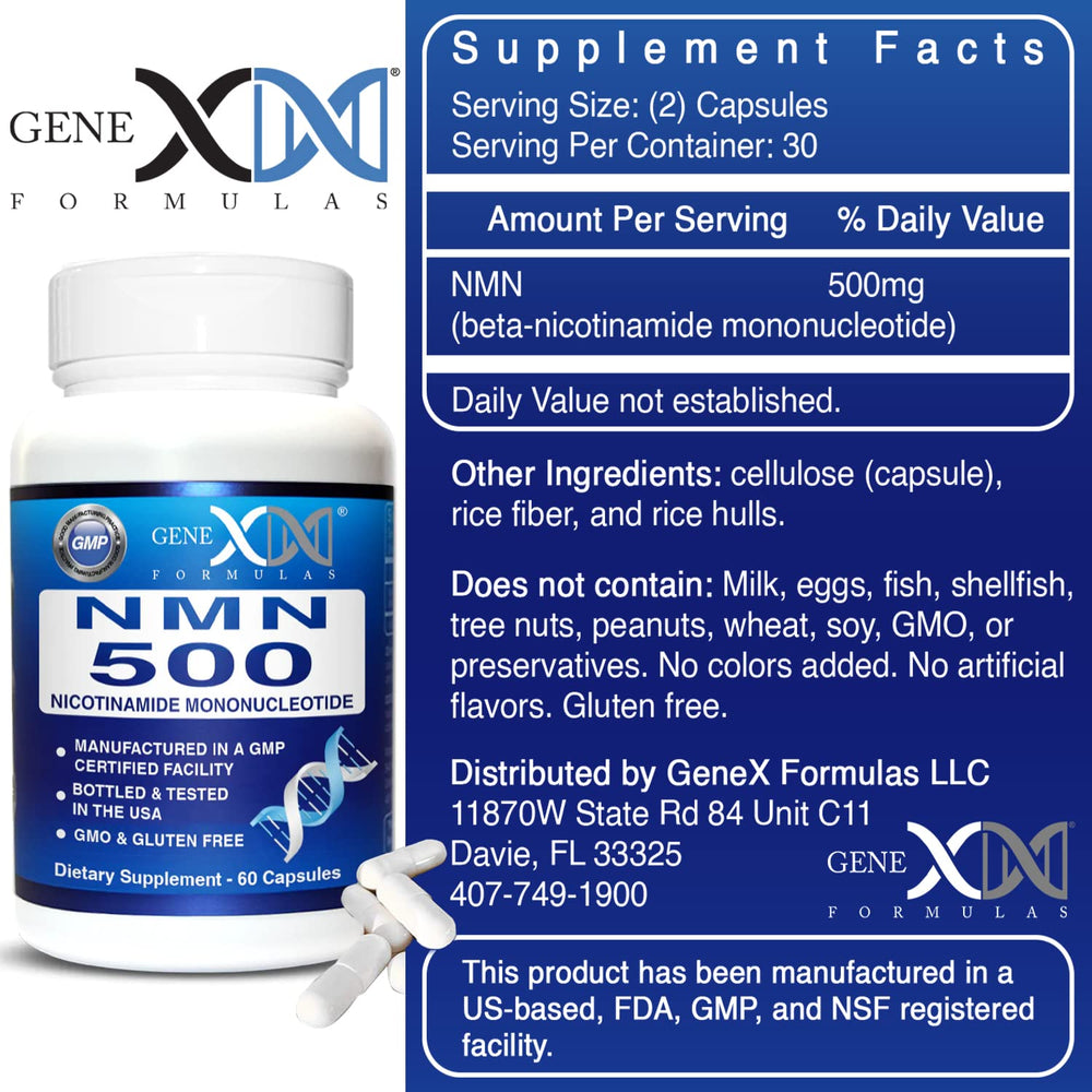 Genex Formulas NMN 500mg unflavored capsules for convenient daily use.