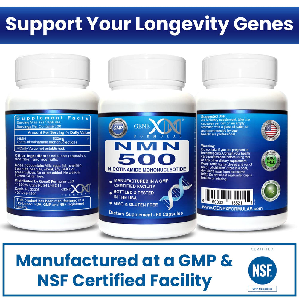 Genex Formulas NMN 500mg label highlights vegan and gluten-free formula.