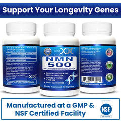 Genex Formulas NMN 500mg label highlights vegan and gluten-free formula.