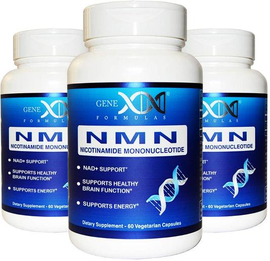 Genex Formulas NMN bottle on a shelf with durable, shelf-stable packaging.