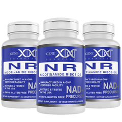 Genex Formulas NR bottle front showing NAD+ precursor benefits for energy support