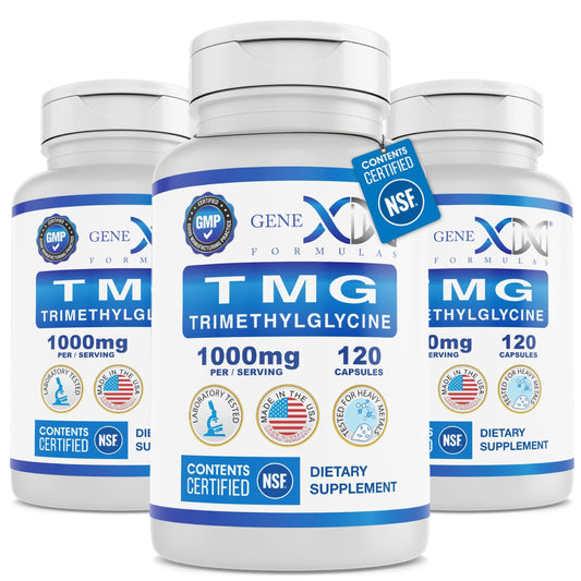 Genex Formulas TMG bottle front promotes daily wellness with a non-GMO formula.