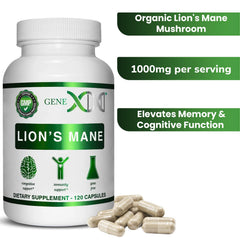 Genex Lions Mane capsules close-up showing convenient daily capsules for energy.