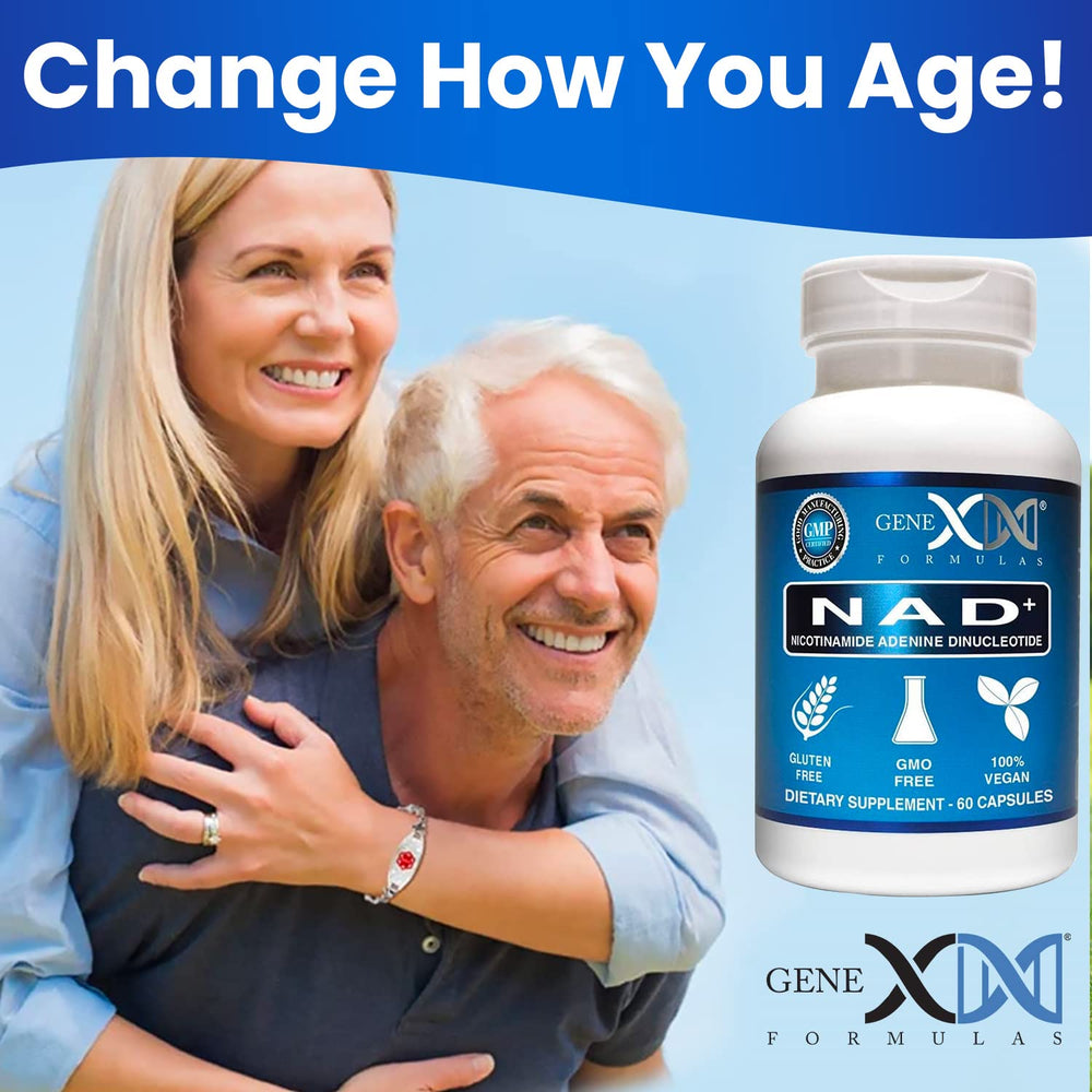 Genex NAD+ vegan and gluten-free badge emphasizes clean ingredients.