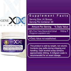 Genex Trans-Resveratrol organic formula label—organic sourcing emphasized.