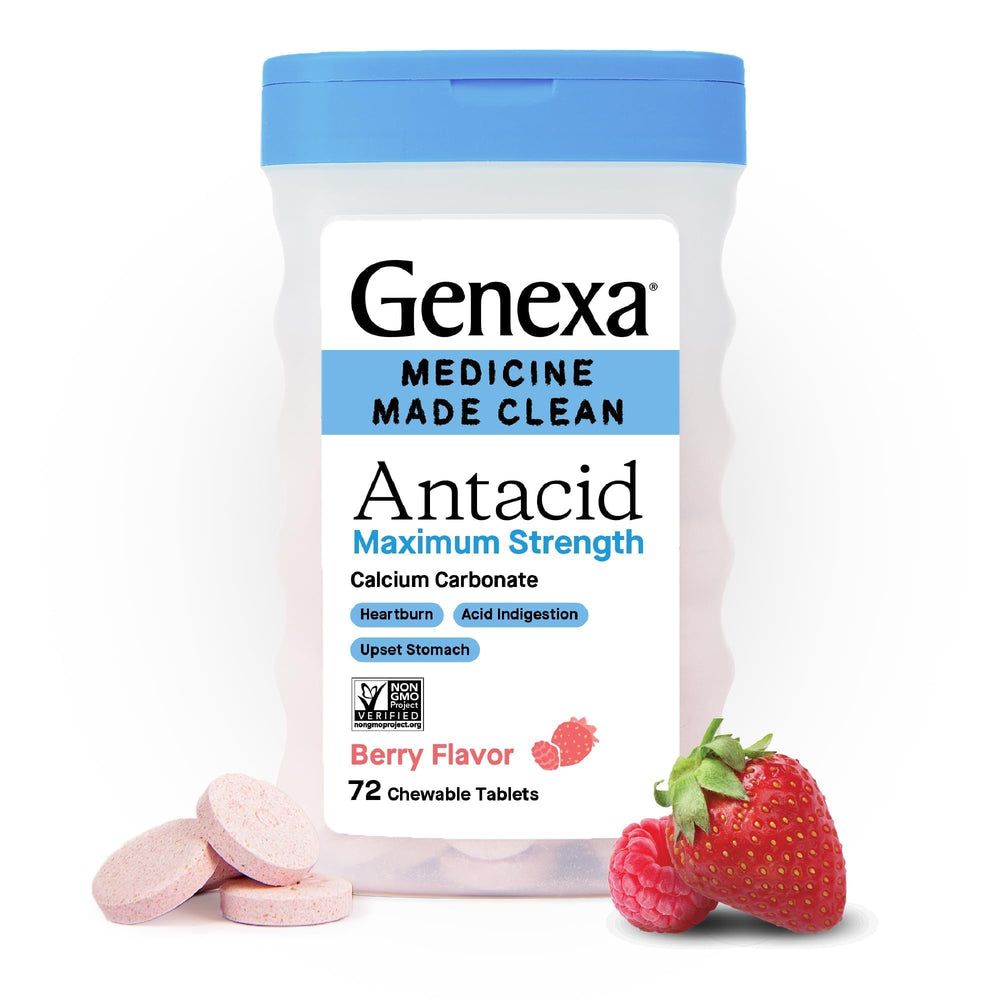 Genexa antacid maximum-strength chewables bottle front for fast heartburn relief