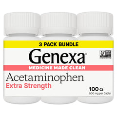 Genexa Clean Acetaminophen 500mg bottle front for adults offering dye-free pain relief.