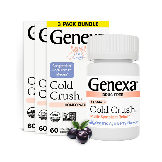 Genexa Cold Crush packaging front showing 3-pack for home and travel relief.