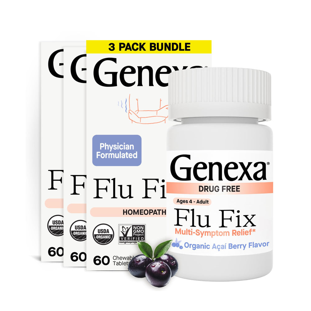 Genexa Flu Fix acai-chewable tablets are convenient for on-the-go relief.