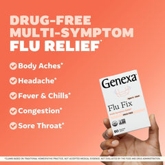 Genexa Flu Fix bottle label highlights organic, non-GMO ingredients.