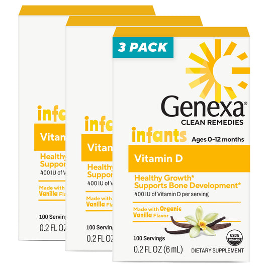 Genexa Infants Vitamin D Drops bottle with vanilla flavor for easy daily dosing.
