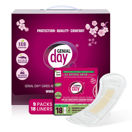 Genial Day cotton panty liner pack front view shows soft, breathable materials for daily wear.