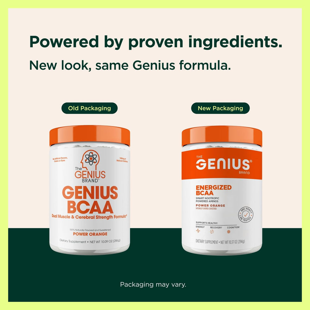 Genius Brand BCAA Powder scoop being used to mix pre-workout energy boost.