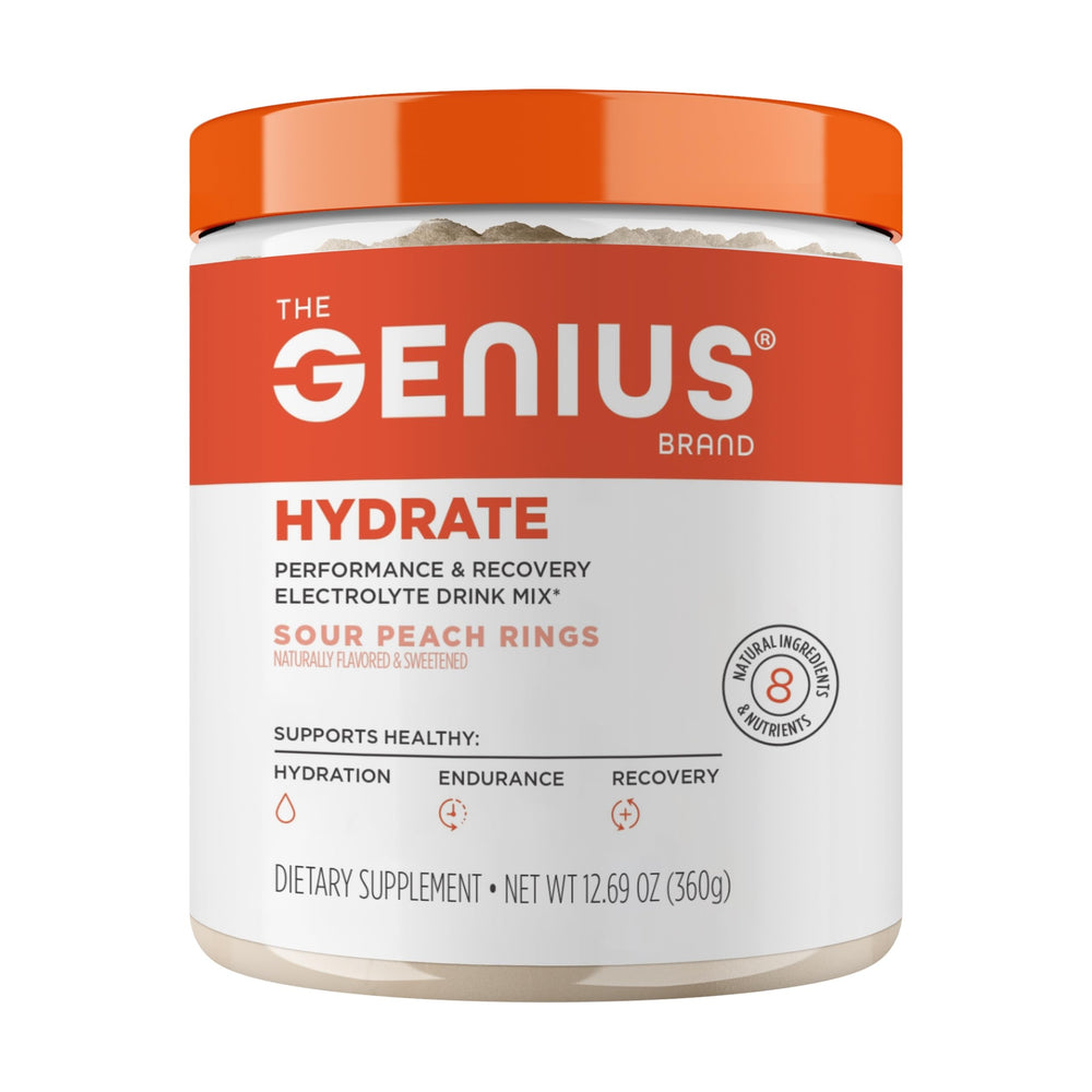 The Genius Brand Genius Hydrate bottle pour shows balanced electrolyte refreshment for workouts.
