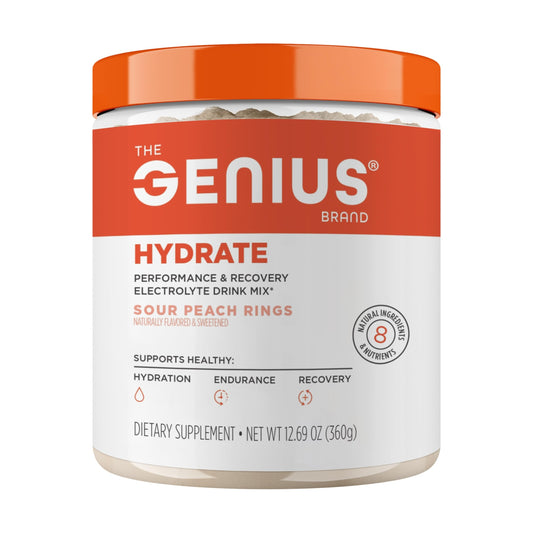 The Genius Brand Genius Hydrate bottle pour shows balanced electrolyte refreshment for workouts.