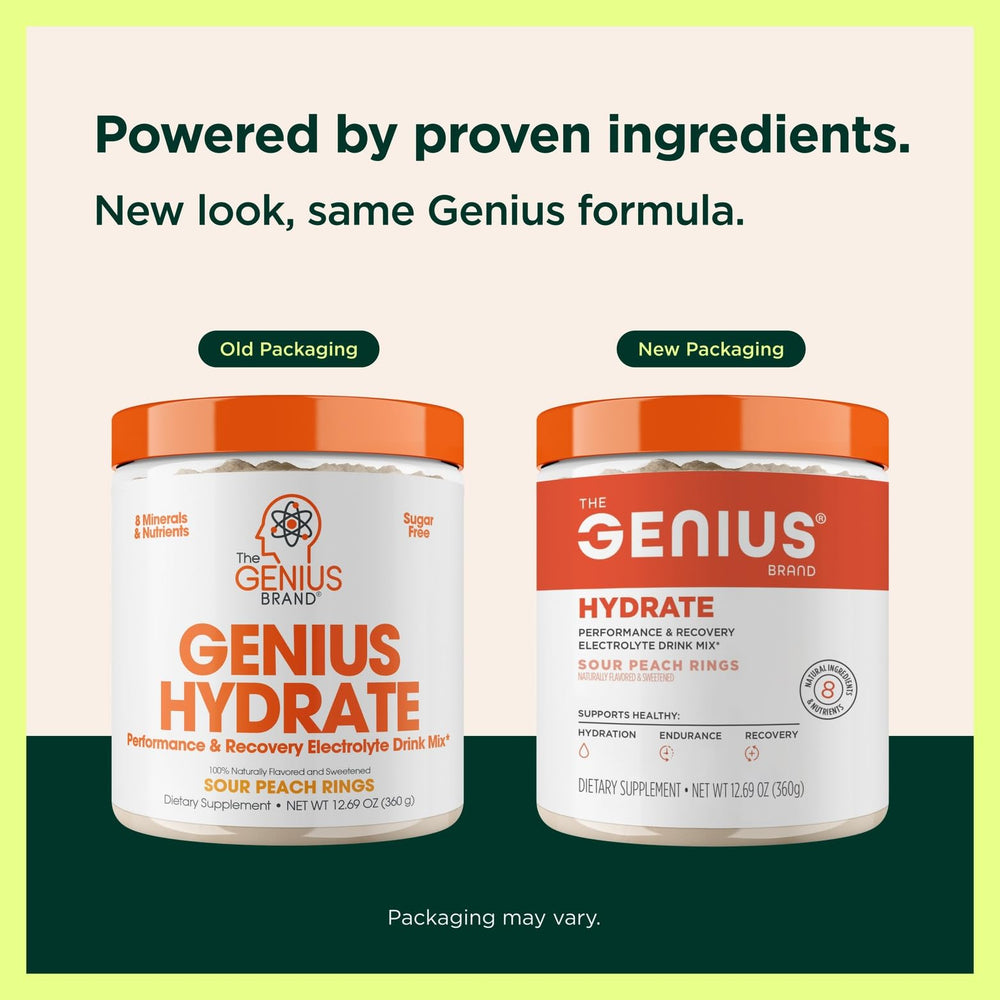 The Genius Brand Genius Hydrate powder dispense demonstrates sugar-free hydration with essential minerals.