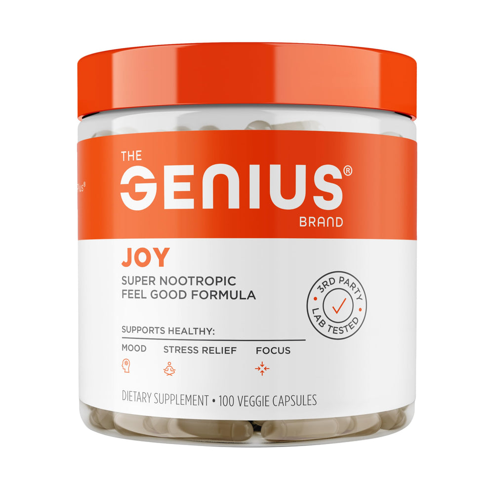 Genius Joy bottle front showing the mood-enhancing supplement packaging.