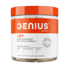 Genius Joy bottle front showing the mood-enhancing supplement packaging.