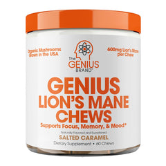 The Genius Brand Lion's Mane soft chews packaging showing salted caramel flavor for daily focus