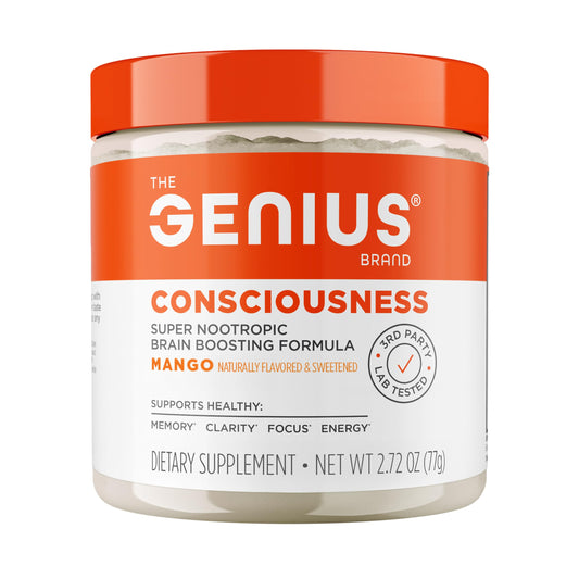 The Genius Brand Genius Consciousness mango bottle shows convenient daily focus support.