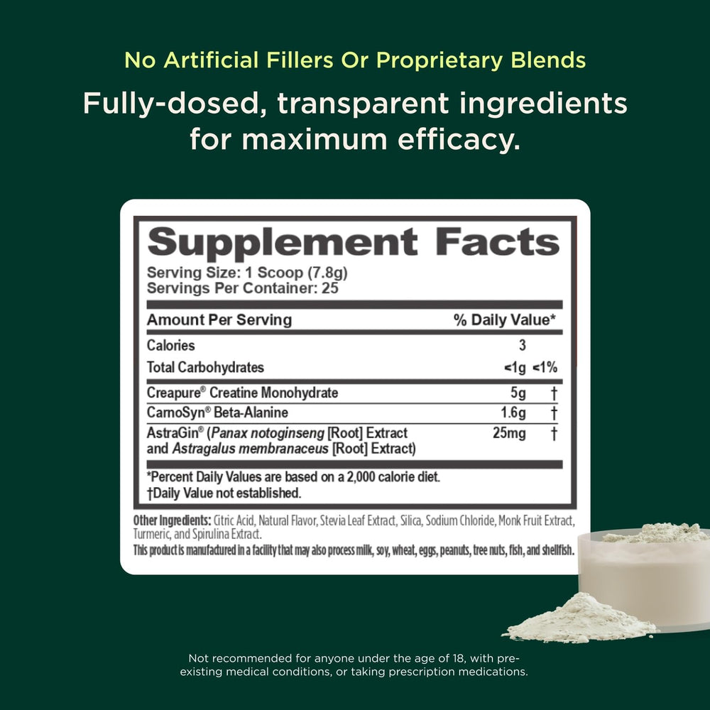 Genius Creatine label highlights 5 g per serving and premium ingredients.
