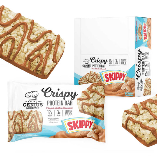 Genius Gourmet SKIPPY bar pack shot highlighting gluten-free, protein-packed snack