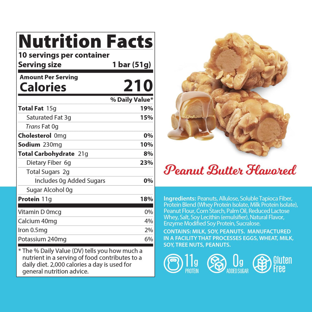 Genius Gourmet SKIPPY bar texture shows crunchy peanuts with a creamy center for a satisfying snack moment.