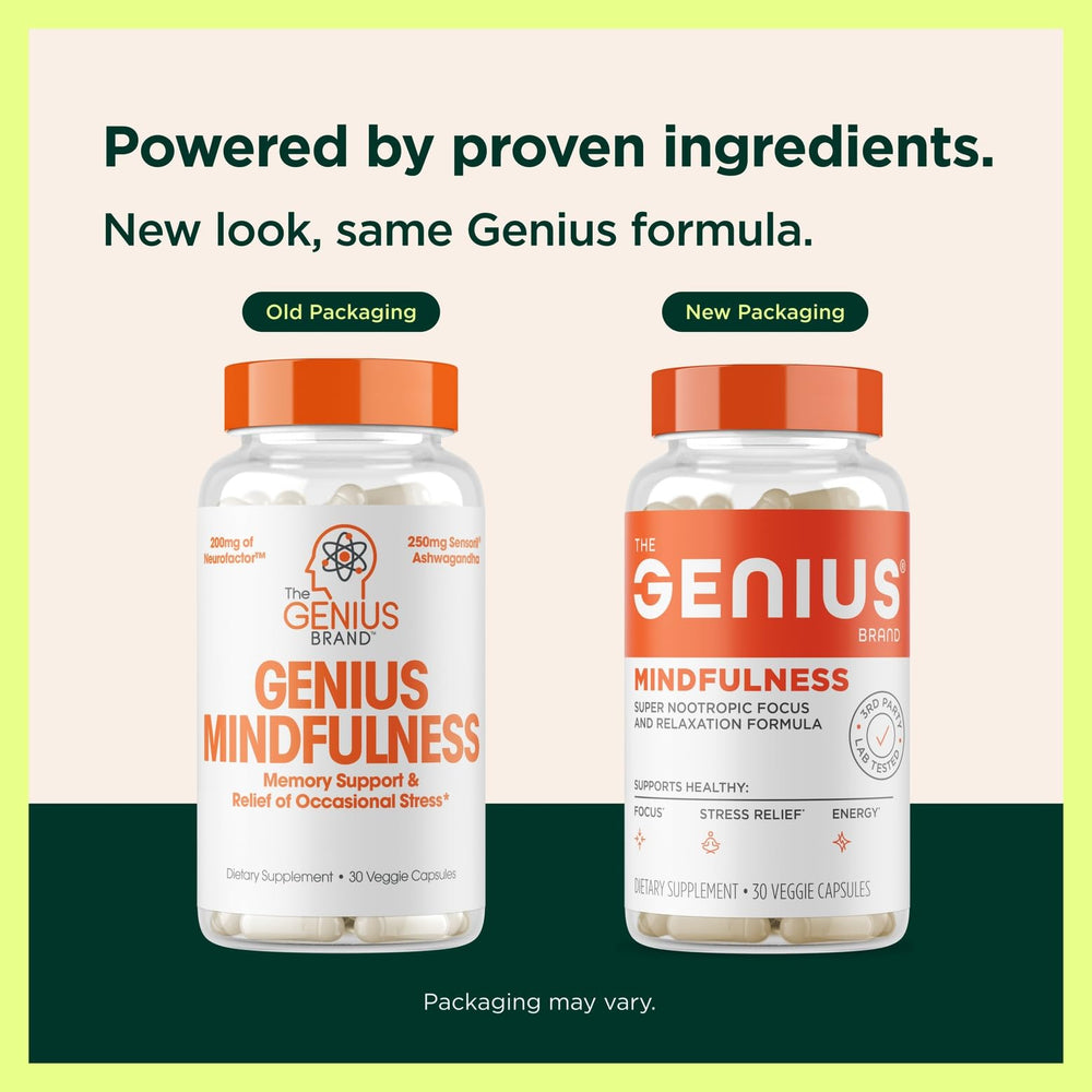 Close-up of Genius Mindfulness veggie pills for focus and calm.
