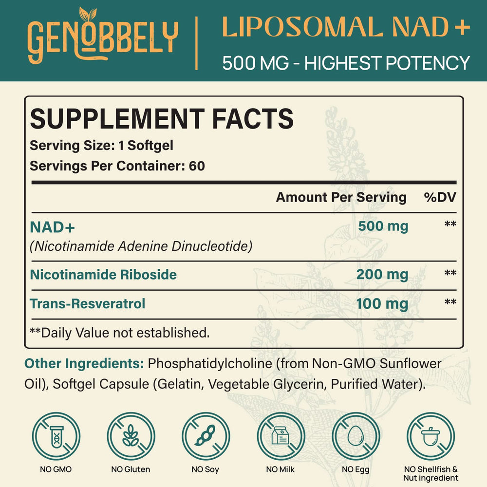 GENOBBELY nicotinamide riboside softgel highlighting NR support for cellular energy.