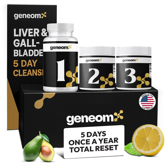 Geneomx 5-Day Cleanse bottle with capsules supports gentle detox and bile flow.