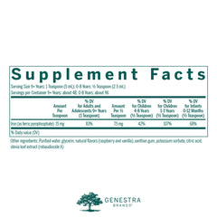 Genestra Brands Liquid Iron label closeup emphasizing quality and ingredients.