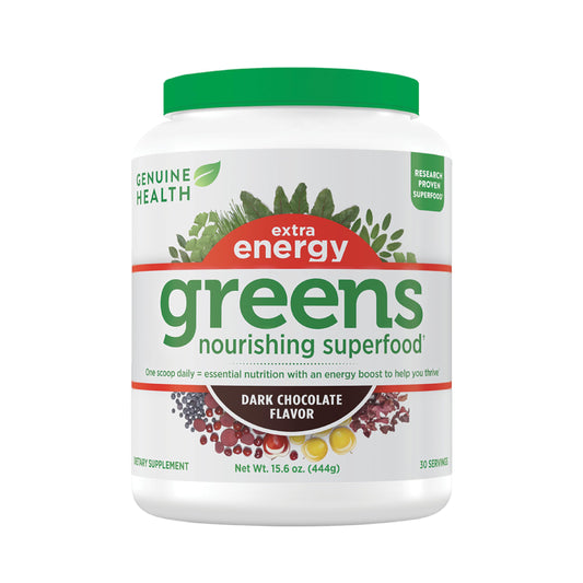 Genuine Health Greens + Extra Energy dark chocolate jar ready for a natural energy boost.