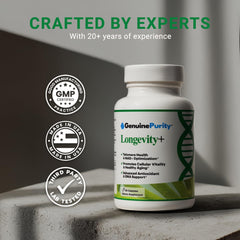 Close up of Longevity+ bottle with water, illustrating easy daily capsule routine.