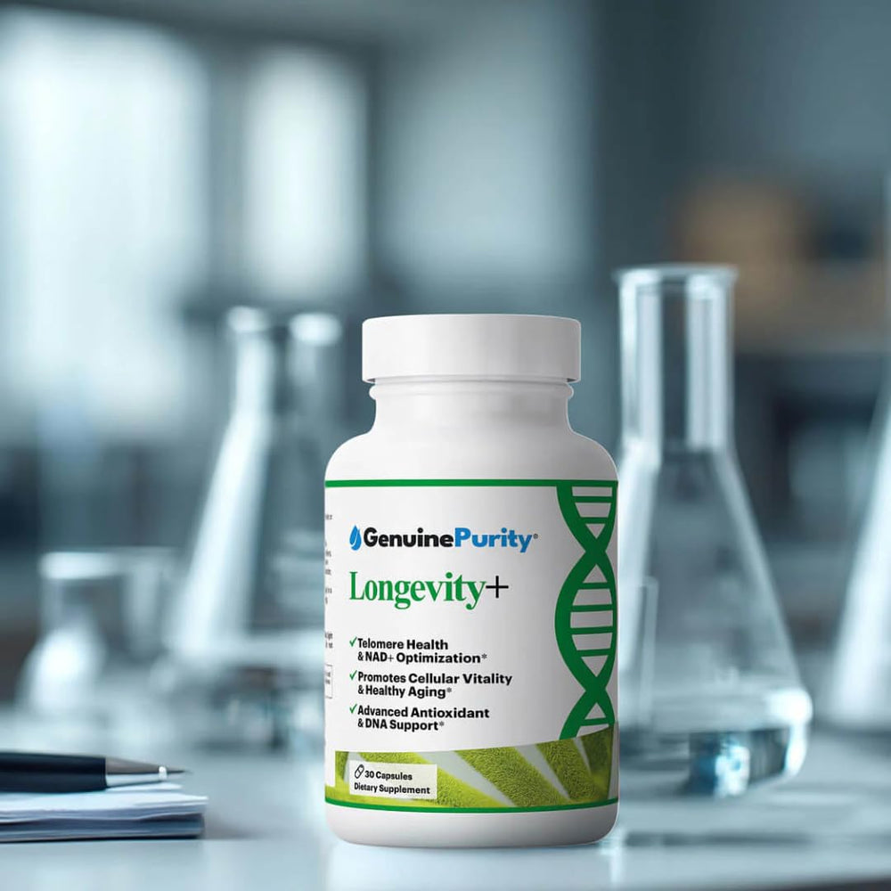 GenuinePurity Longevity+ capsules with clean label, emphasizing vegan and gluten free formulation.