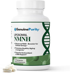 GenuinePurity NMNH bottle front highlighting liposomal NAD+ support for daily energy