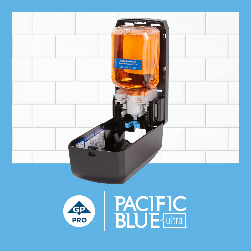 Georgia-Pacific Pacific Blue Ultra bottle beside compatible wall-mounted dispenser for easy use.