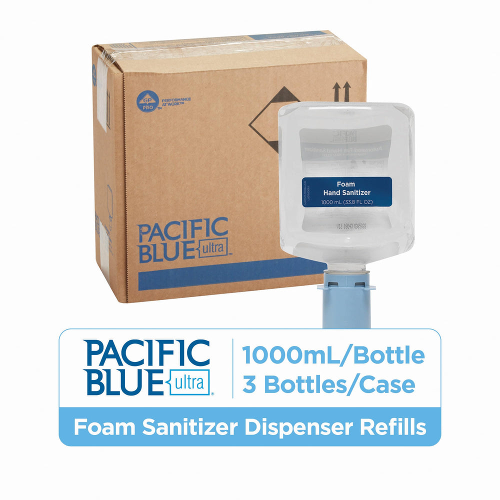 Georgia-Pacific Pacific Blue Ultra refill case holding three 33 oz bottles for dispensers.