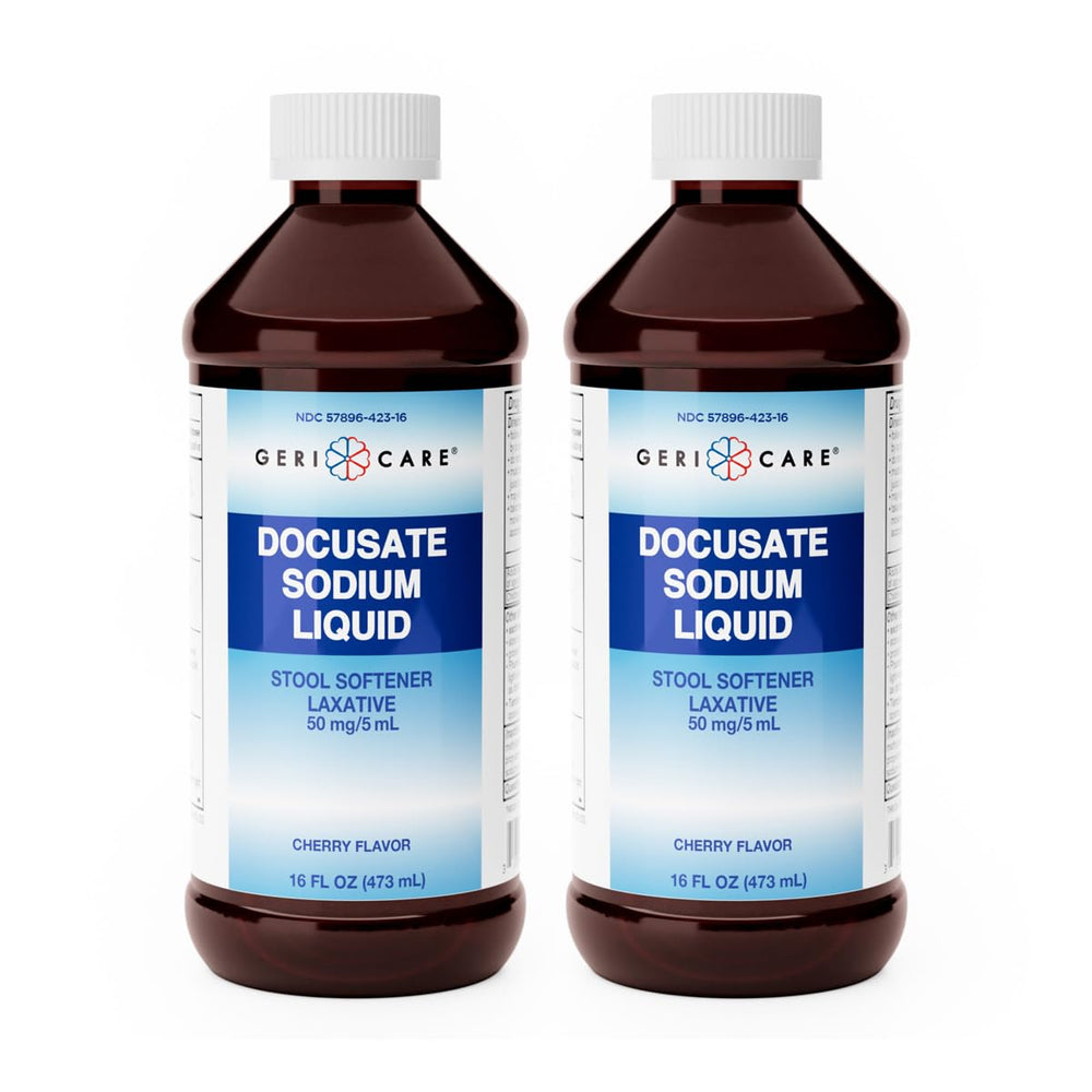GeriCare Docusate liquid bottle being poured for gentle, everyday relief.