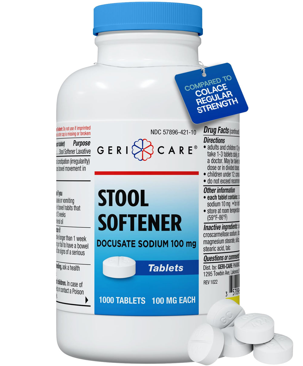 GeriCare Docusate Sodium tablets bottle close-up, for gentle constipation relief.