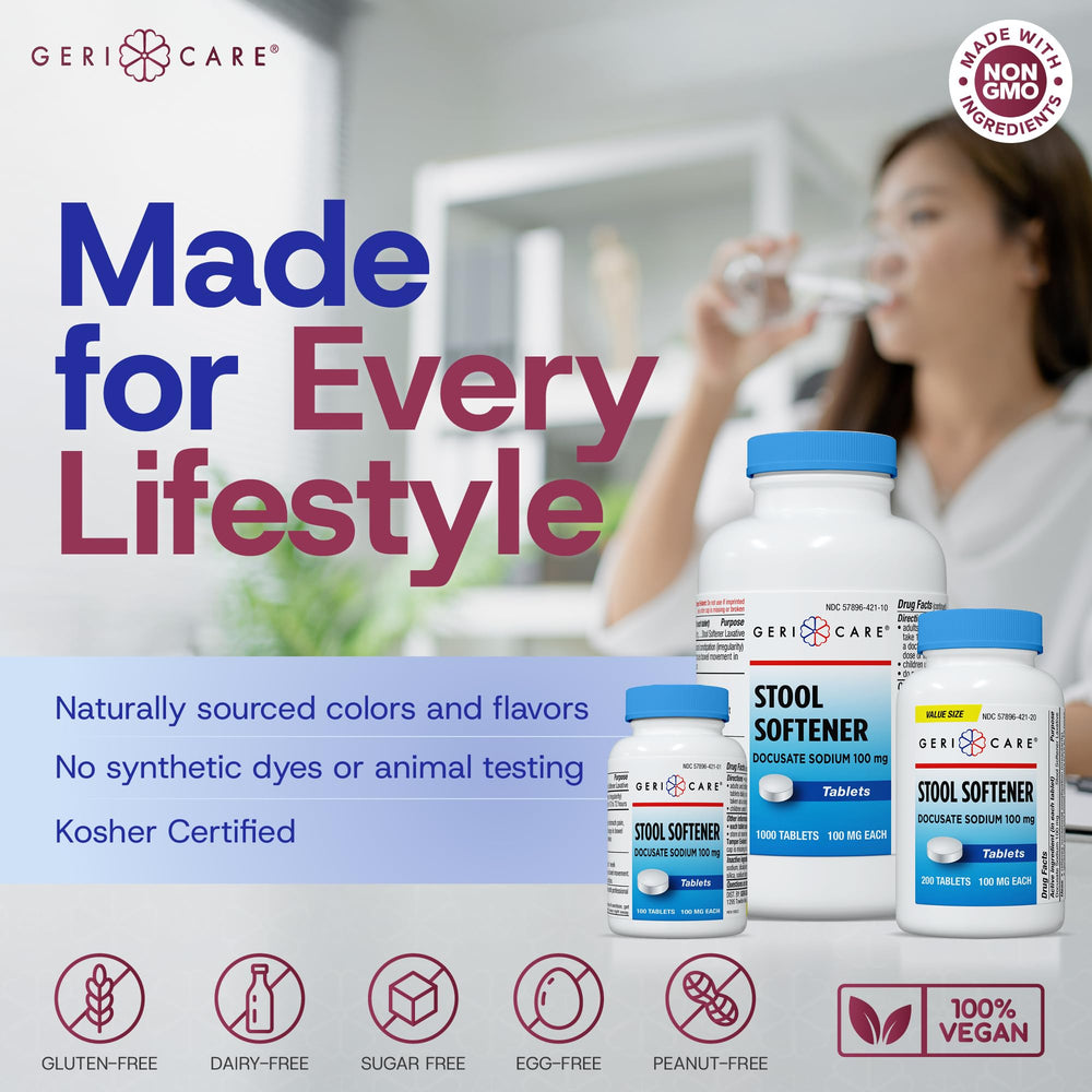 GeriCare dye-free packaging front emphasizing safe, dye-free formula.