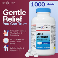 GeriCare Docusate Sodium tablets pour image showing 100mg dose for quick relief.