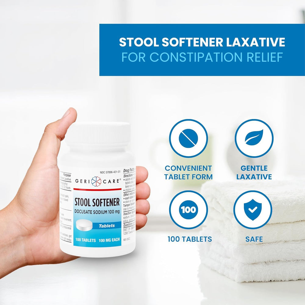 GeriCare Docusate Sodium tablets quickly absorb for faster relief.