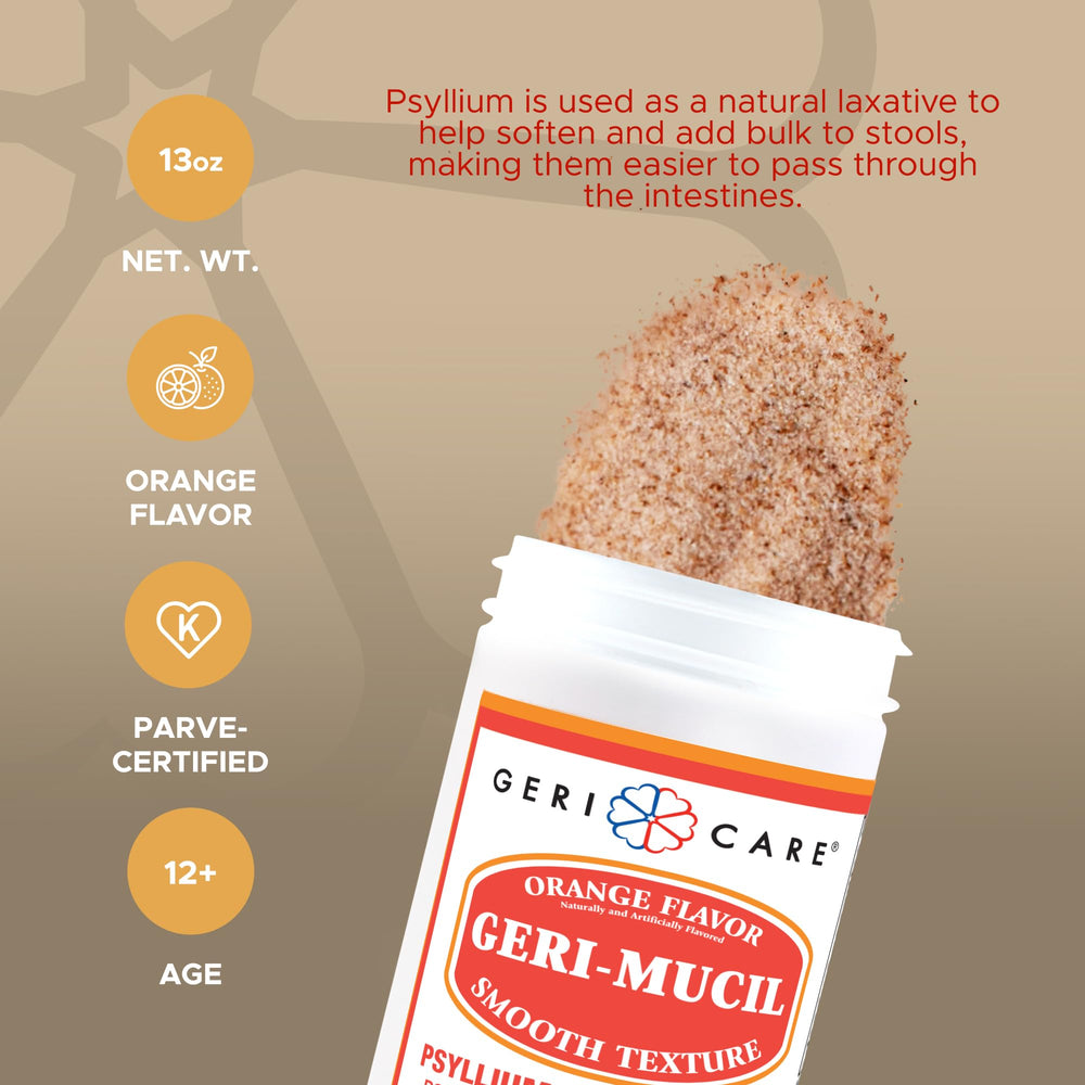 GeriCare Geri-Mucil measuring scoop with orange powder for easy daily intake.