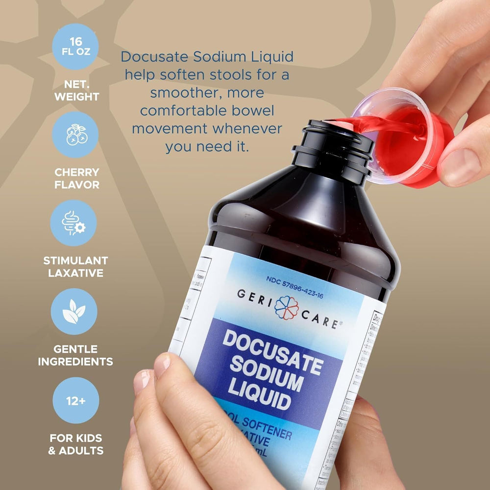 GeriCare liquid laxative dropper dispensing a small, comfortable dose.