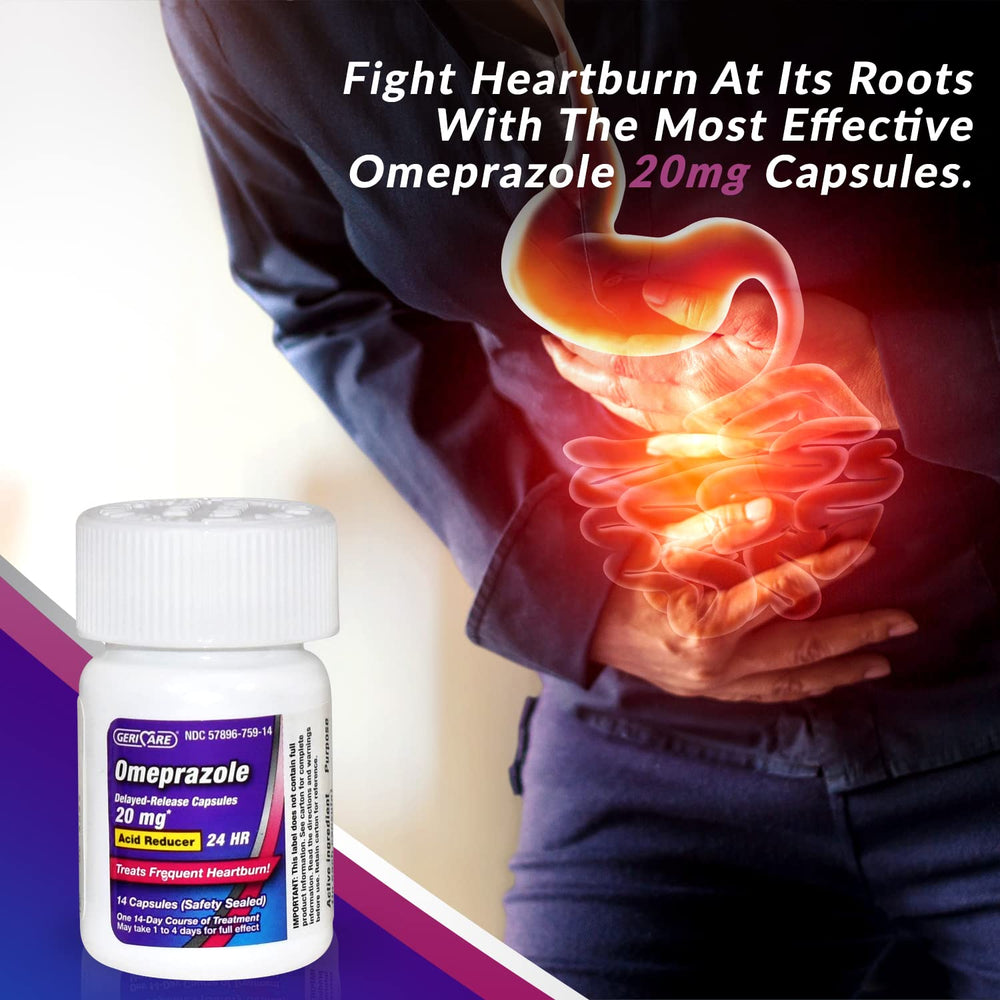 GeriCare Omeprazole delayed-release capsules shown as 20.6 mg tablets.