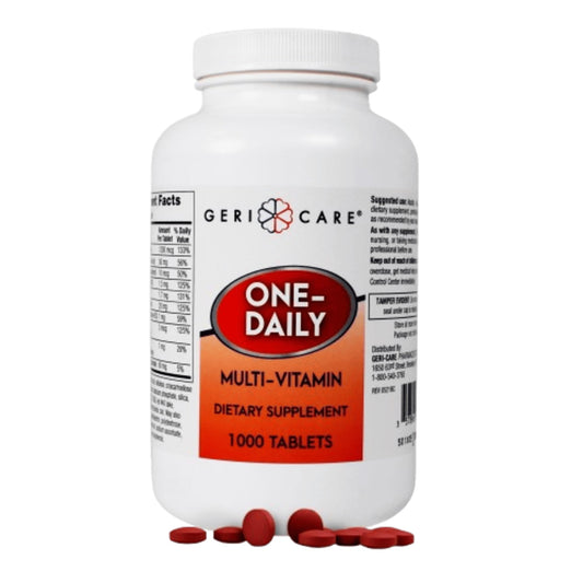 GeriCare One-Daily bottle front with label highlighting vitamins for daily wellness